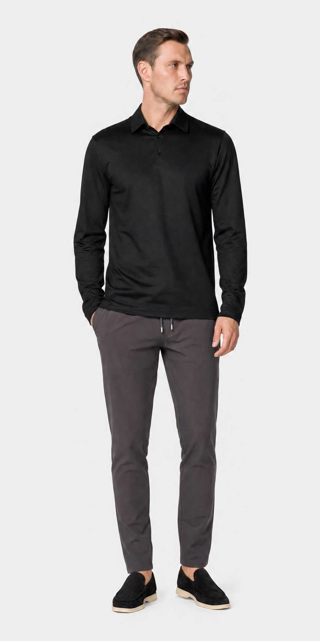 Polo manches longues raye · Noir — photo 1