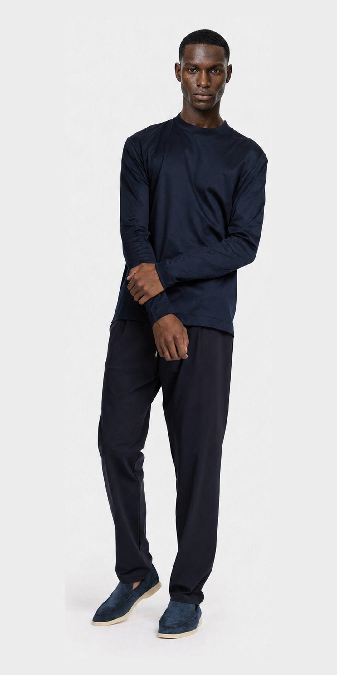 Polo manches longues raye en coton mercerisé · Bleu marine — photo 2