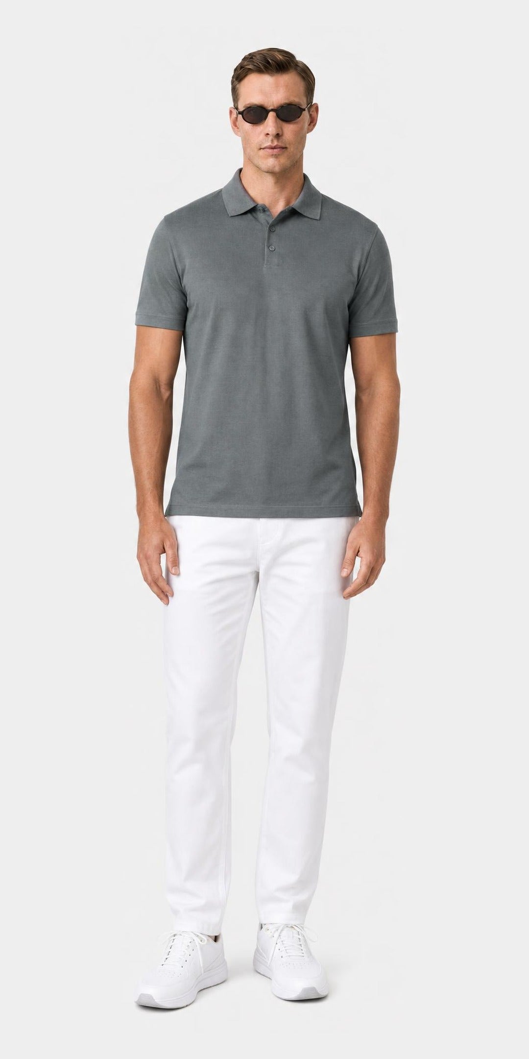 Polo manches longues raye en coton · Gris — photo 2