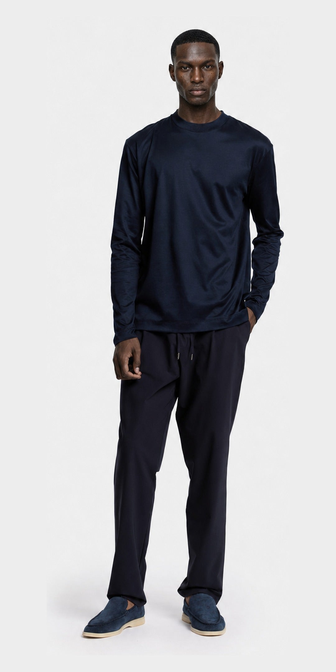 Polo manches longues raye en coton mercerisé · Bleu marine — photo 3